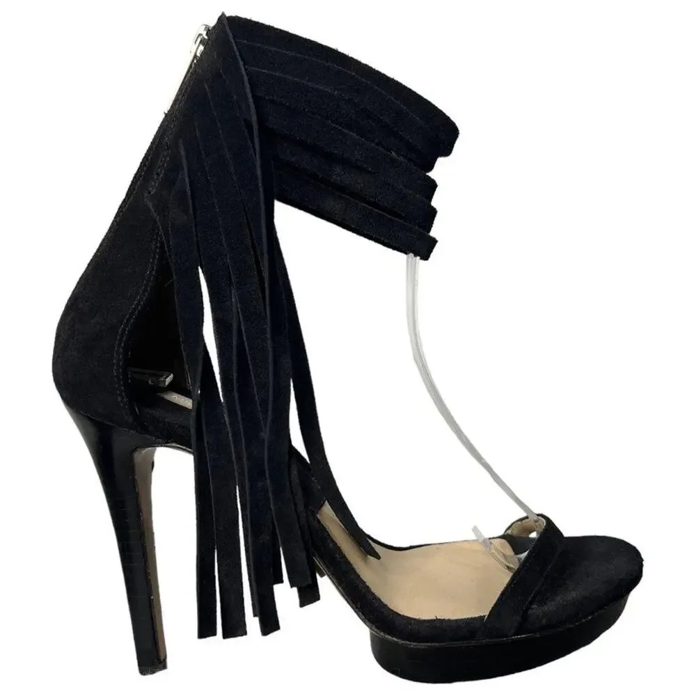 MICHAEL Kors Daphne Fringe Heels Black Suede Size 38